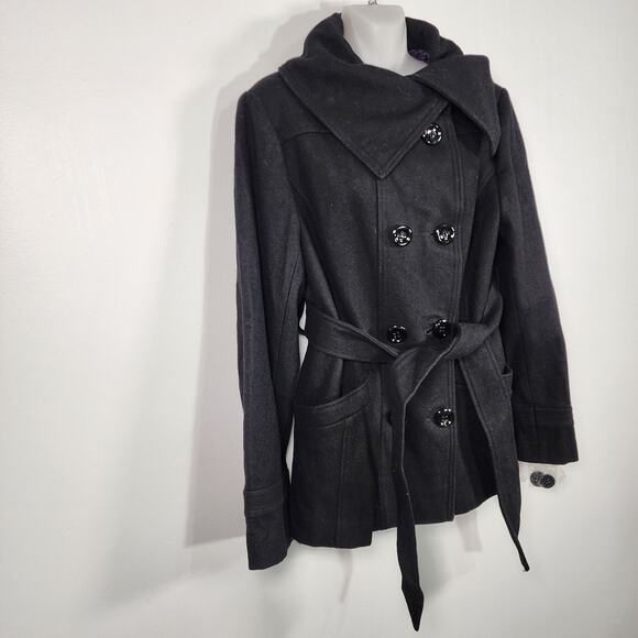 Steve Madden Women Peacoat Belted Wool Blend Black Lined Size XL Pockets Outdoor - Picture 4 of 14